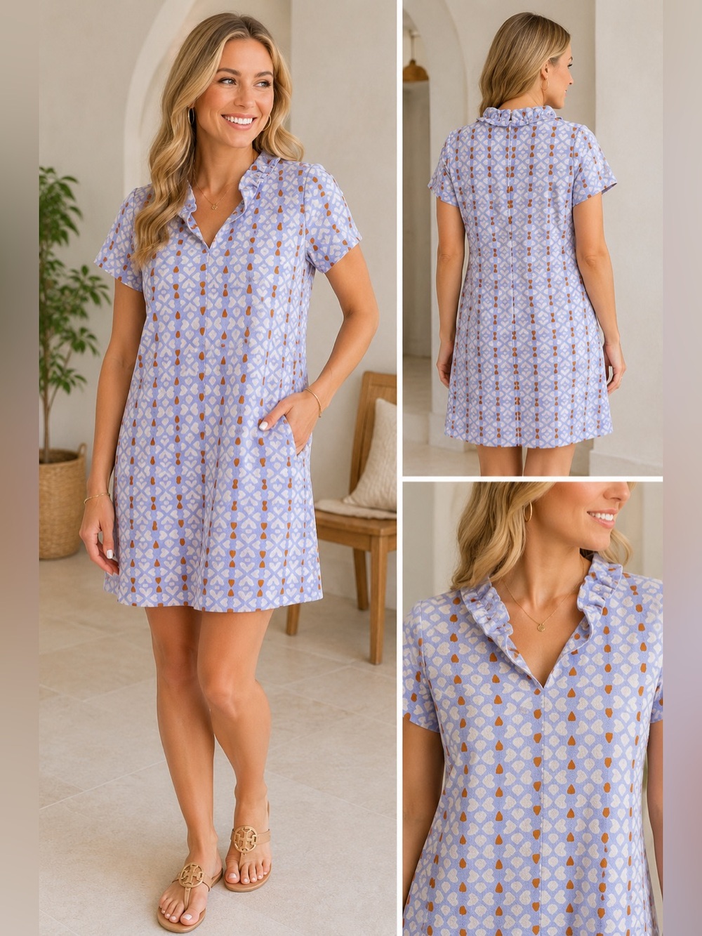 🤍 Tyler Böe Blue Geometric Ruffle Neck Swing Dress Size M